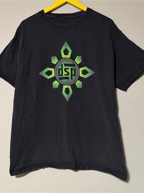 DSP black graphic tee with green accents large faded